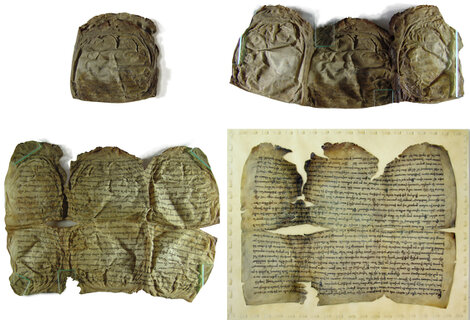 Geschrumpfte Pergamenturkunde Gefaltete und geschrumpfte Pergamenturkunde in mehreren Stadien: teilweise aufgefaltet, vollständig geöffnet und plangelegt.