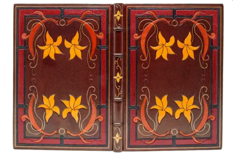 Hellbrauner Ganzledereinband mit vielen roten Lederauflagen Blinddruck und Handvergoldung, dekorierter Rücken.